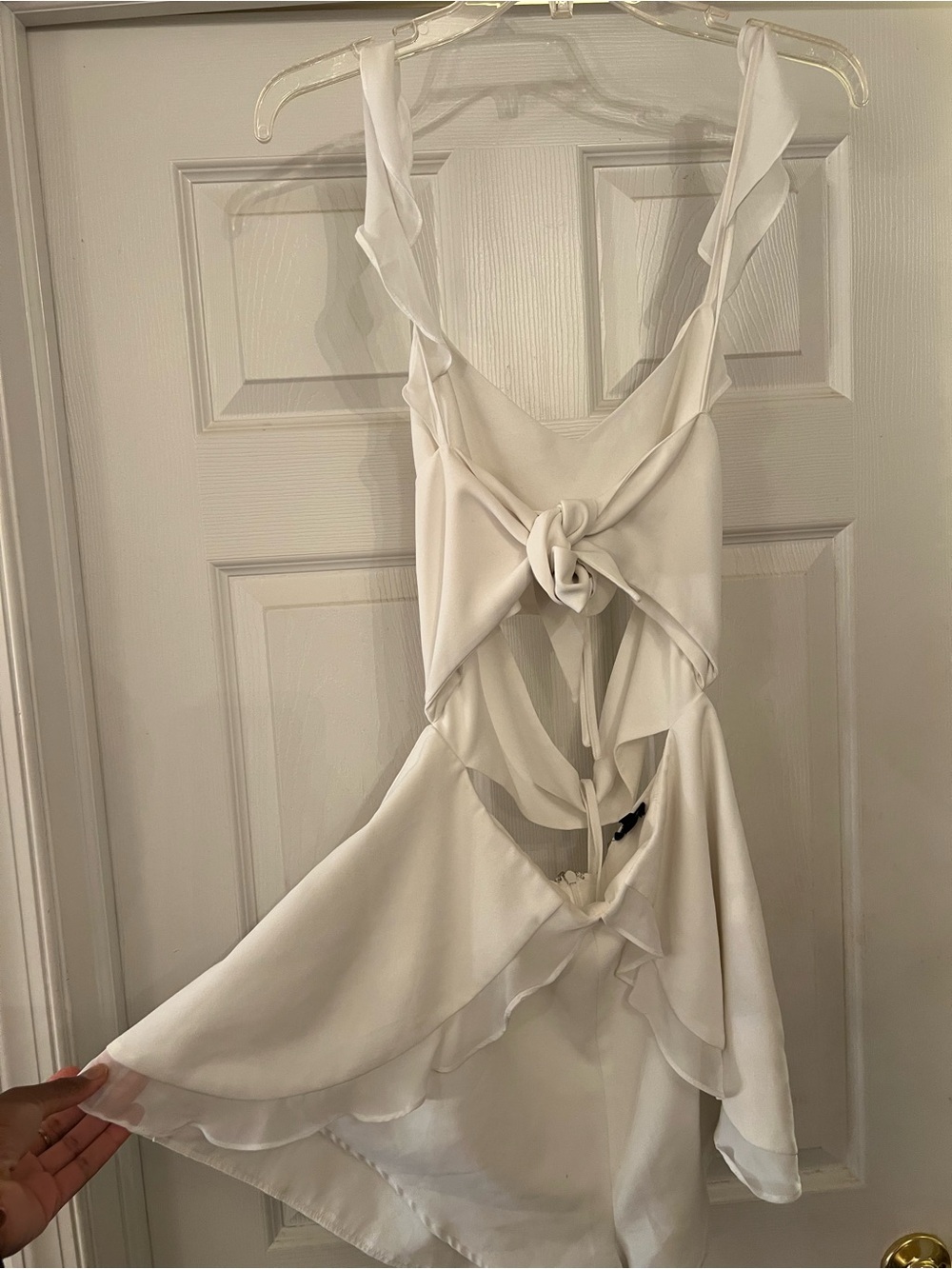 NBD White Backless Ruffle Tie-Detail Romper